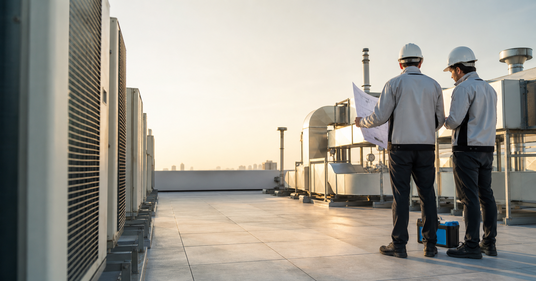Equipo tecnico de Joint Ingenieria revisando sistemas HVAC en una cubierta comercial